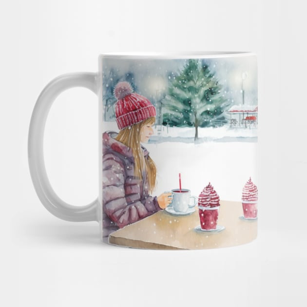 Woman Drinking Coffee in an open-air Cafe, Snowing Christmas Outdoors by fistikci